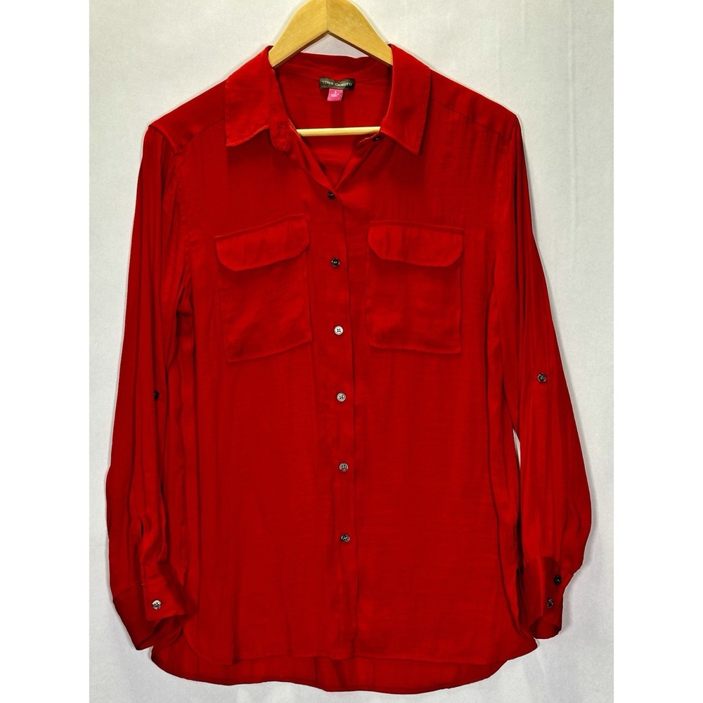 Vince Camuto‎ Womens Top Sz S Red Button Front Long Roll Tab Sleeves Collared
